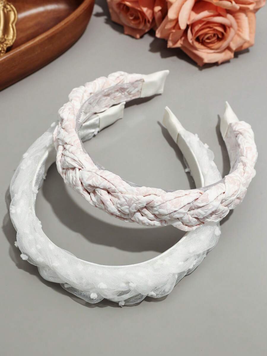 2pcs/Set Woven Multi-Strand Satin Printed And Mesh Thick Wide Band Decorative Headband For Women - Multicolor - View 1