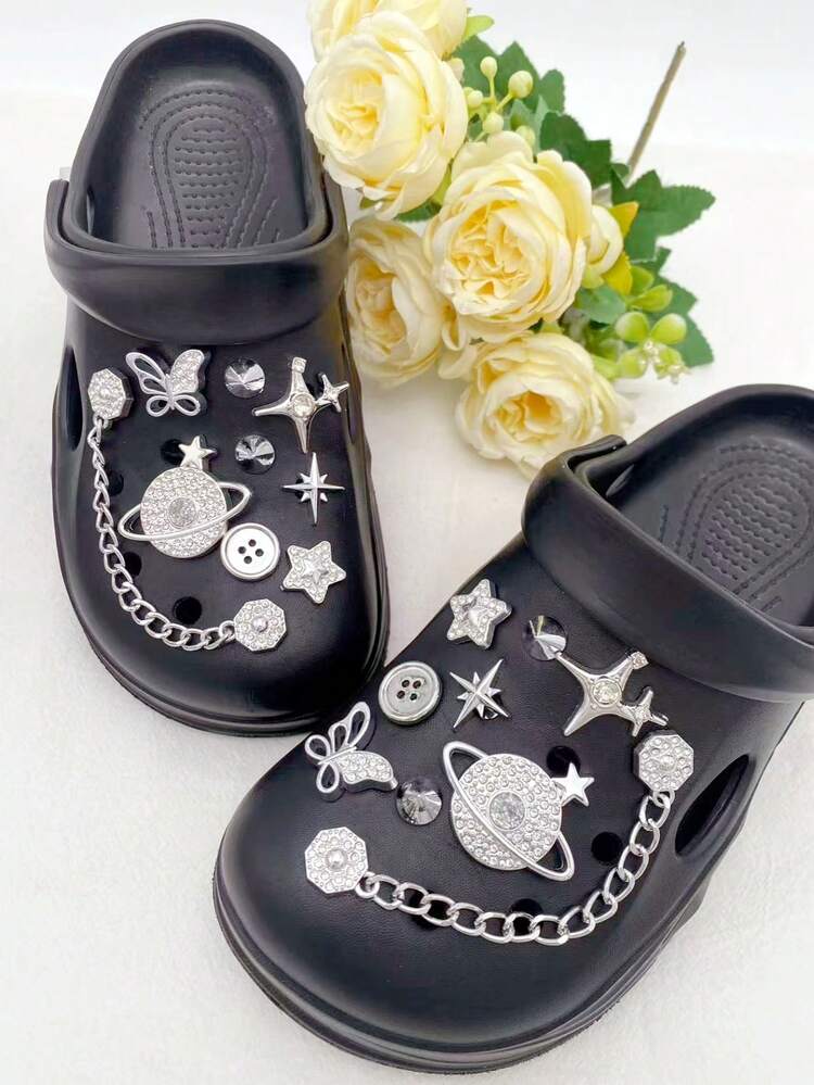 18pcs Elegant Versatile ABS Octagonal Chain Bow Shoe Charms, DIY Detachable Shoe Decorations Rhinestone Star Shoe Accessories Suitable For Wooden Clogs Women's Sandals Slippers Beach Shoes, Holiday Gift - Silver - View 4