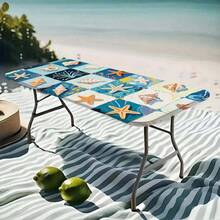 2D Plano - 1 pieza Mantel elástico lavable - Base verde menta con estampado de cuadrícula de dibujos animados de estrellas de mar y conchas en azul claro y blanco - Adecuado para uso interior y exterior - Mantel rectangular - Diseño de poliéster duradero - A - Ver 3