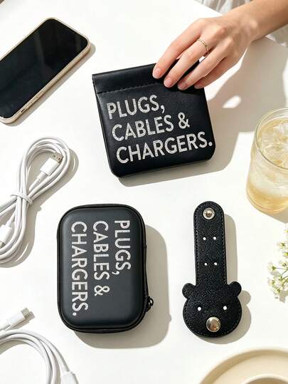 Multifunctional Organizer Bag Printed With "Plugs Cables & Chargers" Letter Pattern, Paired With Digital Storage Bag/Data Cable Storage Strap, Portable Power Bank Storage Bag - Automatic Snap PU Multifunctional Organizer Bag, Travel Cosmetics/Accessories Storage, Suitable For Power Bank/Earphone Cable/Keys/Lipstick, Business Travel Portable Accessories, Valentine's Day Gift, Mother's Day, Father's Day, Teacher's Day, Back To School, Dorm, Christmas, Halloween, Hot