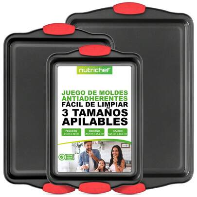 Set de 3 Charolas para Horno Antiadherentes con Mangos de Silicón Antiquemaduras NutriChef, Bandejas de Acero Premium y Estilizado, Libre de BPA/PFOS/FOAP/TFE, Calidad Comercial, Fácil de Limpiar