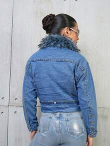 Chaqueta Corta Negra con Tachuelas y Cuello de Piel Desmontable para Mujer, Chaqueta Ajustada Estilo Y2K Urbano - Neblina azul - Ver 4