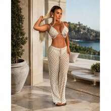 Saidas Vestidos Conjuntos de Praia Feminino Todos Acompanha Biquíni Trabalho a Mão Conchas Búzios Chique Luxo Resort Calças Top Pedras Festas Reveillon Tendencia Verão 2026/2027 Perolas top - calca + top - Visão 5