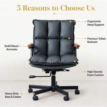 Home Office Desk Chair, Ergonomic Leather Computer Chair With Wheels And Oak Armrests, Height-Adjustable Swivel Executive Chair WL - 黑色+PU皮革 - 查看 3