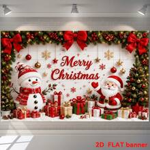 1pc Christmas Themed Banner Backdrop With Snowman And Santa Claus Pattern, Decorated With Christmas Tree, Gift Box, Red Bow And Snowflake, Suitable For Christmas Party Decoration, Party Decoration, Holiday Party Decoration - A - View 6