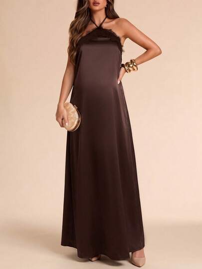 Women's Brown Maternity Halter Lace Maxi Dress - Non-Stretchy Long Gown For Baby Shower, Pregnancy Photoshoot & Casual Occasions