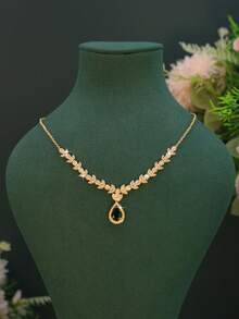 5pcs Handmade Inlaid Green Cubic Zirconia Elegant Exquisite Series Necklace Bracelet Earrings Ring Set Maple Leaf Design For Women Daily Wear Date Party Friend Gift - Waterdrop Design Green Diamond Set - View 5