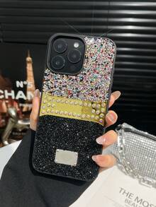 1 buah Casing Ponsel Anti Jatuh Berwarna Hitam Berkilau dengan Hiasan Berlian Imitasi, Kompatibel dengan 18promax/17pro - Hitam - View 5