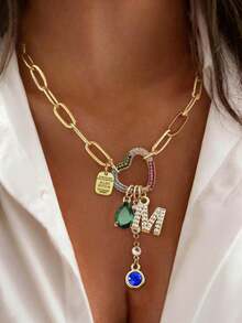 1pc Gold Letter Necklace, Luxury Heart-Shaped Lock With Lock And Green Diamond Pendant Necklace, Exquisite Holiday Party Gift For Women - Yellow Gold - View 3
