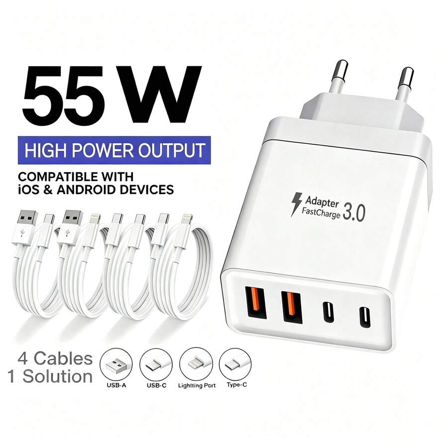 EU Plug Type C/E/F (220-240V) Fast Charging Wall Charger 55W Super Fast Charger 2 USB-A + 2 USB-C, Optional 3.3ft USB-C To USB-C/USB-C To Lightning/USB-A To USB-C/USB-A To Lightning Fast Charging Cables. Multiple Cable Configurations Available, Fully Compatible With MacBook 17/16/15/14/13/12 Series And Galaxy S25/S24/S23/S22 Series. Suitable For Home, Office And Travel Memorial Day Summer Kickoff - EU C Type Plug(220-240V) - View 1