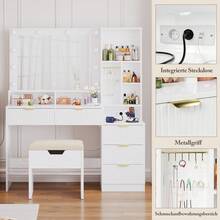 Devoko Modern Vanity Table With Mirror, LED Lighting With 3 Color Modes, 5 Drawers, Open Shelves, Jewelry Hooks And Integrated Power Outlet, Dressing Table For Bedroom, White - View 6