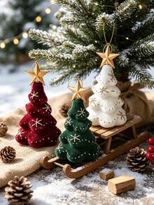 1PC Cozy Vintage Velvet Flocked Mini Christmas Tree Shaped Tabletop Figurine, Gold Star Topper Glitter Snowflake Detail Hanging Tree Decor, Festive Desktop Craft Ornament Pendant For Christmas Xmas Dinner Table Mantle Winter Room - Multiple Styles - View 4