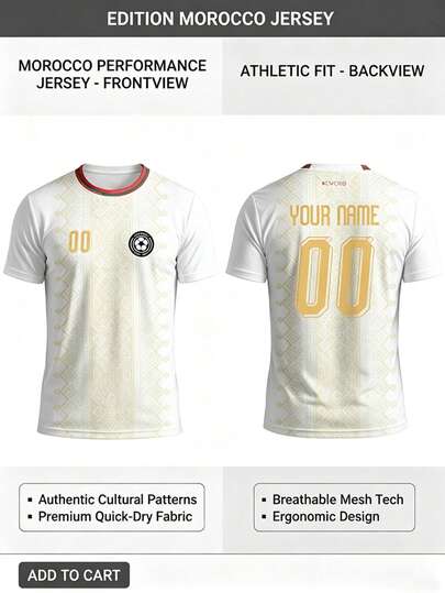 Camiseta de fútbol personalizada 2026 Marruecos Blanco & Dorado con diseño geométrico, personaliza tu nombre, número, logotipo del equipo, camiseta de fútbol para partidos, camiseta de entrenamiento deportivo, material de secado rápido cómodo y transpirable adecuado para partidos de equipo, entrenamiento, deportes, uso casual, apoyo en juegos, regalos de vacaciones, temporada primavera/verano de moda y
