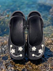 Women's Black EVA Mary Jane Style Clogs, 2-Way Wear Slip-On Sandals With Pearl Flower Decor And Chain, Summer Casual Shoes - Black - View 6