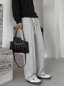 Men's Straight Leg Casual Pants, Drawstring Elastic Waist Solid Color Loose Sweatpants With Pockets, Long Pants - Light Grey - View 4