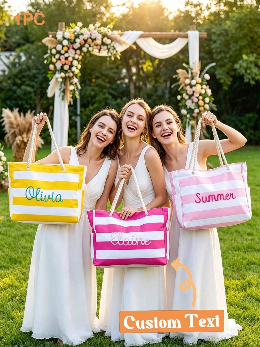 MerexSync 1pc Customized Zipper Beach Bag, Personalized Waterproof Pool Tote, Monogrammed Embroidered Striped Canvas Travel Handbag For Storage
