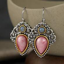 DIYCCPC Elegant Fashion Pattern Engraved Pink & Blue Bead Water Drop Hollow Pendant Earrings, Suitable For Daily Wear Jewelry - Multicolor - View 4