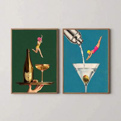1/2pcs Set Framed/Unframed Retro Cocktail Martini Champagne Canvas Poster Mid Century Bar Cart Wall Art Print Surrealism Kitchen Decor Vintage Painting For Dining Room,Living Room,Modern Home Decoration