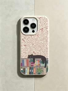 1pc Hand Drawn Sleeping Black Cat Colorful Bookshelf Pink Floral Printed Off White Leather Grain Phone Case Compatible With Apple Apple17/16/11/12/13/14/15/15Pro/15Plus/15ProMax/7Plus/8Plus/X/XsMax/Xr/11Pro/13Pro/14Pro/11ProMax/12ProMax/13ProMax/16ProMax/17Pro/17e/17ProMax&Galaxy S20FE/S21FE/S22/S22UITRA/S25/S25FE/S26/S26Uitra/A05s/A06/A07/A14/A17/A25/A26/A34/A35/A36/A53/A54/A55/A56/A57 - Multicolor - View 2