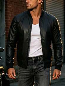 Men's Fashion Casual Zipper Leather Jacket, Spring/Autumn/Summer Racing Motorcycle Style Sports - Black - View 2