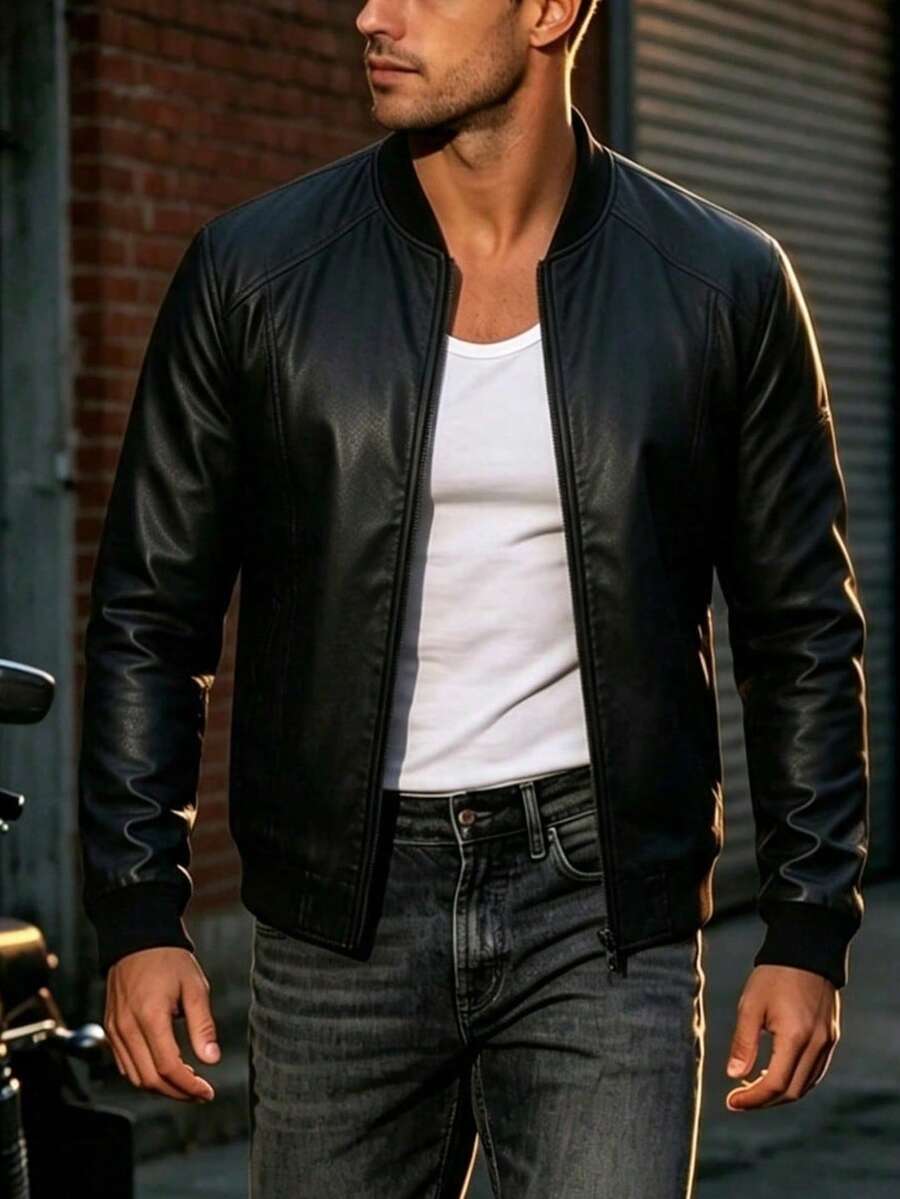 Men's Fashion Casual Zipper Leather Jacket, Spring/Autumn/Summer Racing Motorcycle Style Sports