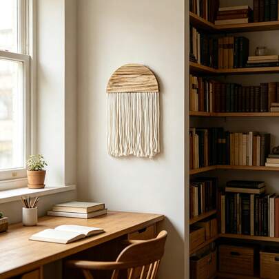 1 Stück Makramee Wandbehang im Boho-Stil, handgefertigte Wanddekoration mit halbkreisförmigem Holzbrett, Quasten und Faser-Kunst, Wandteppich für Wohnzimmer, Schlafzimmer, Kopfteil und Hintergrundwand