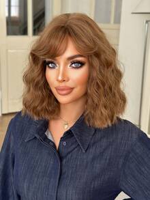 Short Wavy Warm Brown Bob Wig With Side Bangs Natural-Looking Synthetic Heat-Resistant Fiber Curly Hair Wig For Women Everyday Hairstyle Wear, Party Cosplay Use 12 Inch - Brown - View 5