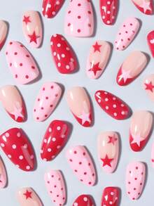 30pcs Short Almond Shape Simple Polka Dot Fake Nails Short Oval Nail Tips Manicure Set, Includes 1pc Double-Sided Adhesive And 1pc Nail File, Suitable For Daily Wear, Summer Nails - Multicolor - View 5