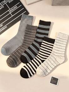 3/5/10 Pairs Random Assorted Unisex Retro Grey Tone Thick & Thin Horizontal Striped Ribbed Skin-Friendly Durable Comfortable Breathable Korean Minimalist Mid-Calf Socks For Daily Wear, Home, Commuting, Holiday Gifts, Office - Multicolor - View 4
