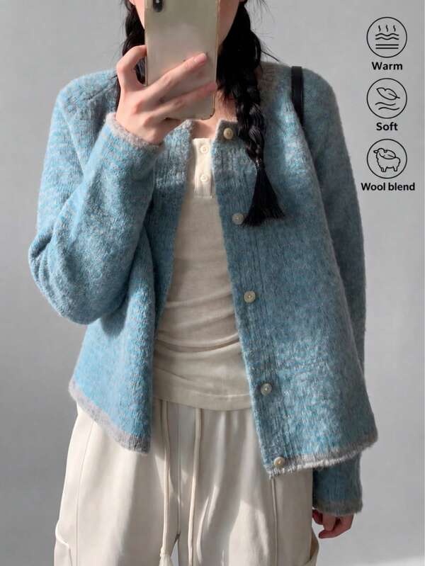Cardigan veste en mélange de laine à design rayé vintage minimaliste et décontracté pour femmes, automne/hiver