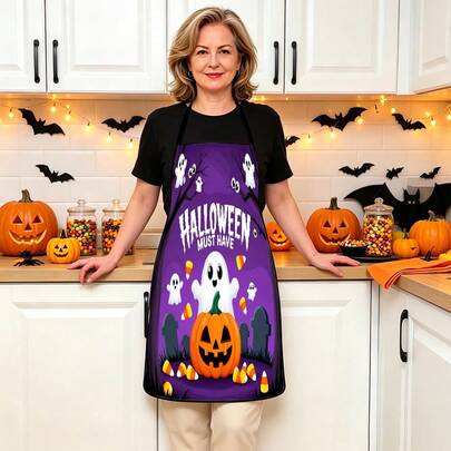 1pc Halloween Pumpkin, Ghost, Bat, Black Cat, Spider Web, Vintage Skeleton Witch, Haunted House, Halloween Pattern Apron, Suitable For Home Decor And Kitchen Use. Made Of 100% Polyester Material, Designed As Sleeveless Style, Perfect For Home Kitchen, Outdoor BBQ Cooking. This Printed Apron Is Unisex, Machine Washable And Reusable, A Kitchen Essential