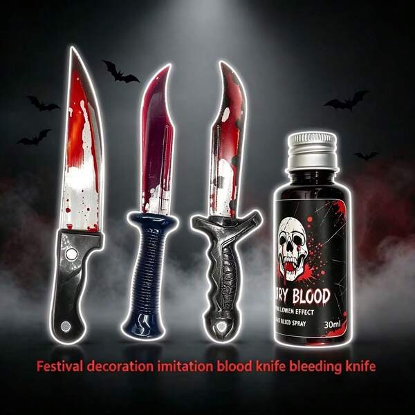 1pc Halloween Fake Blood Flowing Knife Prop, Includes 30ml Fake Blood Liquid, Realistic Bloody Plastic Knife And Halloween Costume Gloves. Suitable For Cosplay Costumes, Haunted House, Escape Room Games, Pranks, Magic Performances, Movie Special Effects And Other Decorative Uses. [Some Parts Are Randomly Selected; Slight Color Differences May Occur]