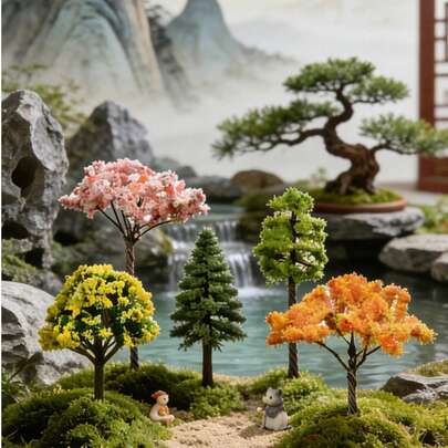 4Pcs Mini Fairy Garden Trees Decoration, Mixed Style Trees, Cherry Blossom Tree…