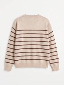 Women's Round Neck Striped Knit Sweater, Dropped Shoulder Long Sleeve Ribbed Hem, Soft Fabric, Autumn Casual Loose Oversized Pullover - Apricot - View 4