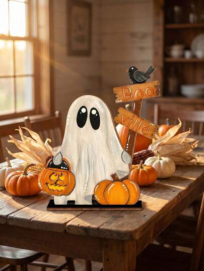 1pc Halloween Wooden Ghost Tabletop Decor With Boo Ville Sign & Crow,Cute Pumpkin Pail & Pumpkin Figure,Spooky Tiered Tray Decor, Fall Party Centerpiece For Home Office,Fireplace Mantel Shelf,Halloween Decor,Room Decor,Home Decor,Home Decor,Halloween