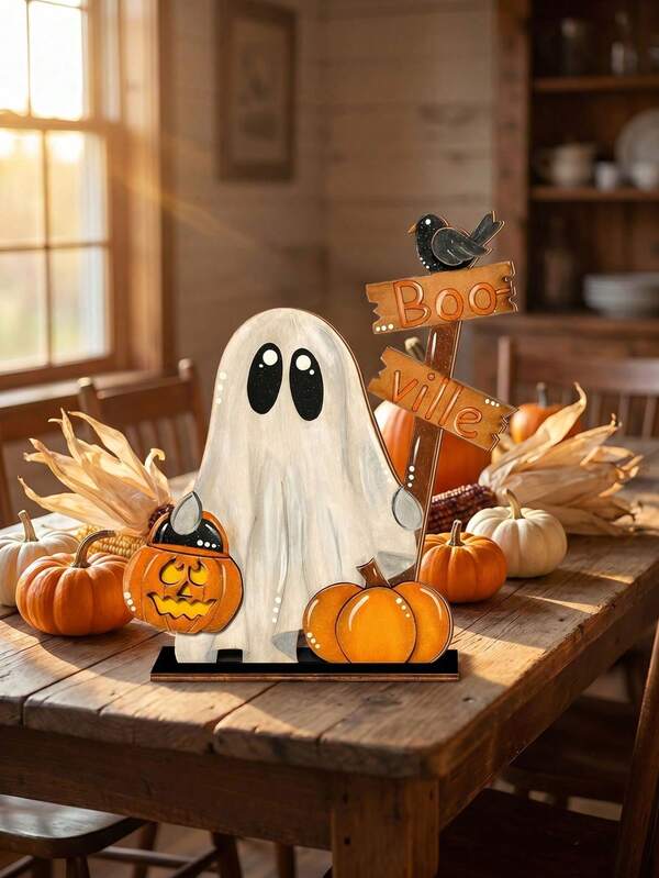 1 pieza Decoración de mesa de fantasma de madera de Halloween con letrero de Boo Ville & cuervo, cubo de calabaza lindo & figura de calabaza, decoración de bandeja escalonada espeluznante, centro de mesa para fiesta de otoño para hogar y oficina, repisa de chimenea, decoración de Halloween, decoración de habitación, decoración del hogar, decoración del hogar, Halloween