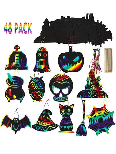 Halloween Scratch Art 48/36/24/12pcs Autumn Pumpkin Rainbow Scratch Paper Magic Scratch Art Paper Decoration Suitable For Classroom Activities, Thanksgiving Autumn Party Decor And Party Favors