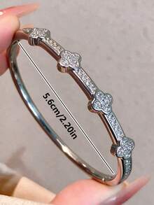 1pc 18K Gold Plated Copper Four-Leaf Clover Encrusted With Cubic Zirconia Bracelet, Suitable For Daily Wear And Holiday Gifts - Multicolor - View 4
