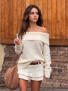 Autumn/Winter Cold Shoulder Sweater, Loose Ribbed Knit Top, Collar Design, Lazy Comfortable Sexy Style, Suitable For Autumn/Winter Dates And Back To School Outfits - Apricot - View 4