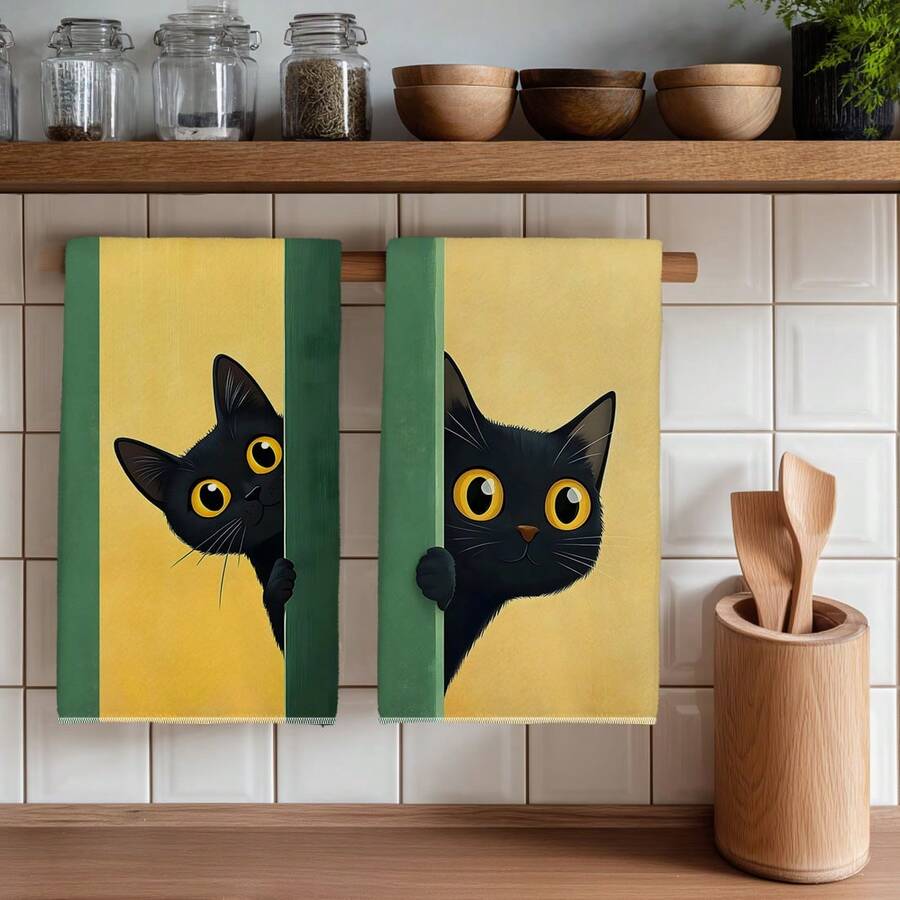 2PCS Cute Peeking Cat Pattern Printed Kitchen Towels 40*60cm Simple Style Rectangular Microfiber Kitchen Towels, Dish Cloths, Tablecloths, Hand Towels, Kitchen Decor, Housewarming Gifts For Neighbors, Perfect For Kitchen And Bathroom Use, Suitable For Housewives And Family Gatherings, High Cost-Performance, Essential Household Item - Green - View 1