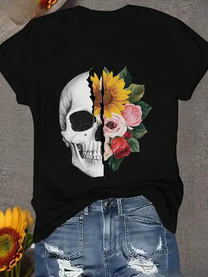 Girls' T-Shirt With Floral Skull Print, 100% Cotton, Round Neck, Short Sleeves, Casual Fit, Machine Washable, Black With Sunflowers.