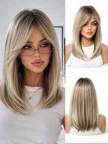 Topshe Ava WIGS 18英吋黑棕色長層次假髮附瀏海，柔軟易造型合成纖維髮，適合女性日常穿著、工作、度假，亦可作為萬聖節與聖誕節女性禮物 - 金色 - 查看 6