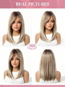 Topshe Ava WIGS 18英吋黑棕色長層次假髮附瀏海，柔軟易造型合成纖維髮，適合女性日常穿著、工作、度假，亦可作為萬聖節與聖誕節女性禮物 - 金色 - 查看 9