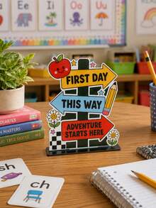 1pc Back To School Season Desktop Stand Up Sign Apple Road Sign Design Fun Multi Color Printed Desktop Ornament Suitable For Classroom Home Teaching Back To School Party Desktop Center Decoration Gift - D - View 4