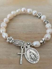 3pcs Religious Cross & Virgin Mary Faux Pearl Bracelet Set, Daily & Holiday Matching, Jewelry Gift, Religious Gift - Multicolor - View 5