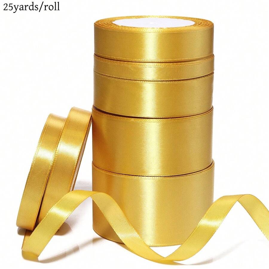 25碼/捲 金黃色緞面絲帶，純色亮面布料，適用於DIY婚禮邀請函、新娘花束、禮物包裝、派對裝飾、縫紉手工、服飾、包袋與髮飾
