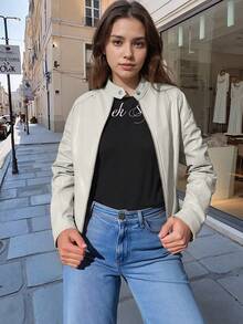 Giolshon Women's PU Motorcycle Jacket, Streetwear Design, With Zipper Pockets, Suitable For Urban Commute And Travel, Balancing Style And Practicality, Suitable For Spring - Beige - View 8