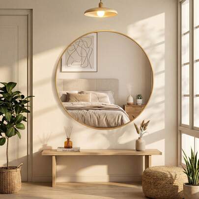 Sweetcrispy Wall Round Mirror With Crystal Clear Reflection, Convenient Hanging Hooks, And Premium Aluminum Alloy Construction