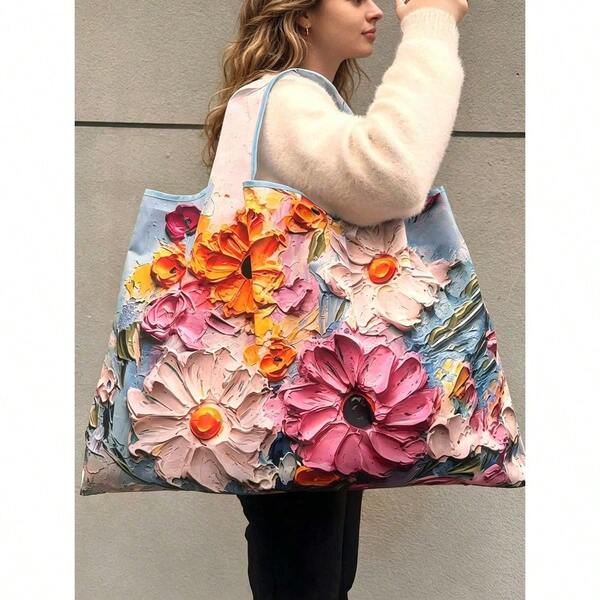 1 pieza Bolso tote de gran capacidad con estampado floral y pintura al óleo 3D, bolso de mano portátil y plegable, bolsa de compras, bolso de hombro, bolsa reutilizable