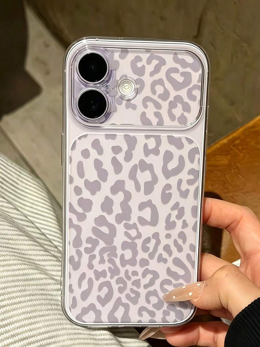 Fashion Luxury Leopard Print Pattern Large Window Full Coverage Phone Case, Matte Light Gray, Asymmetrical Leopard Print Randomly Covering The Shell Surface, Suitable For IPhone 17 17Pro 17Promax 16 16Promax 15 14 13 And Other Models, Full Coverage Soft Frame, Protects Corners From Drops And Collisions, Fresh And Smooth Touch - Clear - View 1